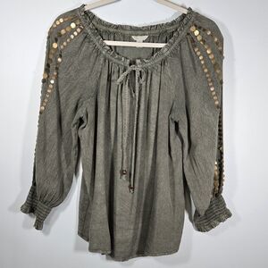 Cato‎ Boho Blouse Olive Green Gold Beaded Sleeve Women’s Medium